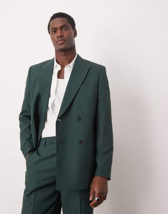 Asos Giacca da abito doppiopetto regular fit verde con motivo a scacchi intessuto