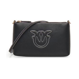 Pinko Elegante Zwarte Leren Portemonnee met Riem - Dames - Schoudertassen - Zwart - ONE Size - Leer - Tassen