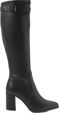 Kor&ouml;shi Womens High Top Boot in Black Leather Effect, with 8 cm Wood Effect Heel, Inside Zipper and Decorative Buckle., Black/White, 8.5 UK