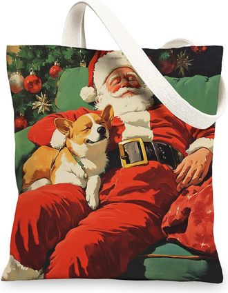 Generic Christmas Corgi Dog Canvas Tote Bag for Shopping 13x15, Xmas Santa Puppy Reusable Grocery Print Pattern Bag for Women, Pet New Year Beach Aesthetic Pa