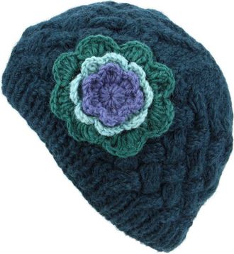 Loud Elephant LoudElephant Ladies Wool Cable Knit Beanie Hat with Contrast Flower - Teal