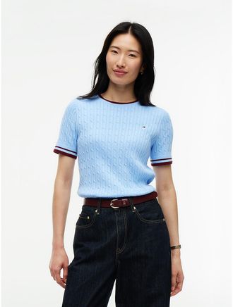 Tommy Hilfiger Womens Short-Sleeve Cable Knit Tipped Sweater - Vessel Blue - XXL