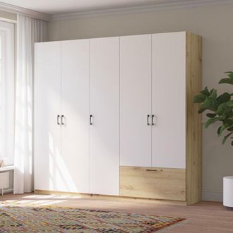 Dmora Armario Grande Lezame, Ropero Dormitorio 5 Estantes, Colgador, Un Caj&oacute;n, 225x210h Cm Blanco