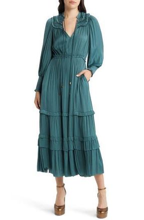 Moon River Long Sleeve Crinkle Satin Tiered Maxi Dress in Jade at Nordstrom Rack, Size Large