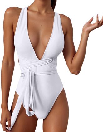 Generic Swimming Costume Women Tummy Control Push Up Swimsuit Halter V Neck Padded One Piece