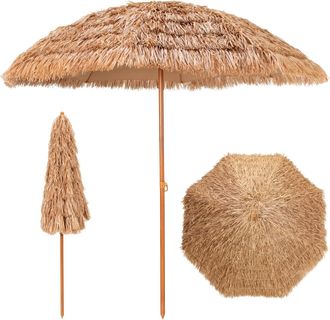 Costway Sombrilla De Paja, Sombrilla Hawaiana Con 8 Costillas De Metal, Bot&oacute;n De Presi&oacute;n, Parasol Port&aacute;til Para Playa, Patio - Costway