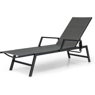 Costway Lettino Prendisole in Rattan per Esterni, Sedia a Sdraio con Braccioli e Schienale Regolabile a 5 Posizioni, Telaio Metallico Robusto, Portico