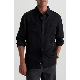 AG - Adriano Goldschmied Mason Long Sleeve Linen Blend Work Shirt in True Black at Nordstrom, Size Xx-Large
