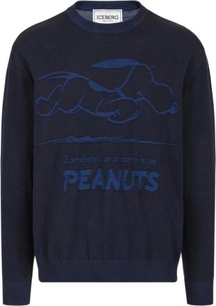Iceberg Klassieke katoenen sweater met ronde hals en Peanuts-inleg - Heren - Ronde hals truien - Blauw - M - Katoen - Truien & Vesten