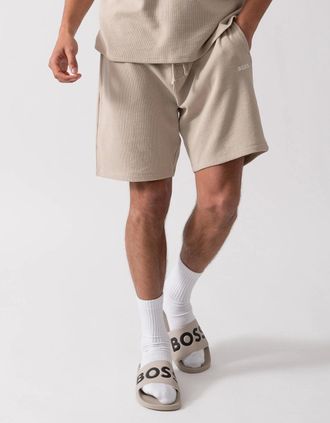 HUGO BOSS Mens BOSS Orange Waffle Mens Cotton Blend Waffle Structure Pyjama Shorts with Embroidered Logo - Light Beige 275 - Size: XL