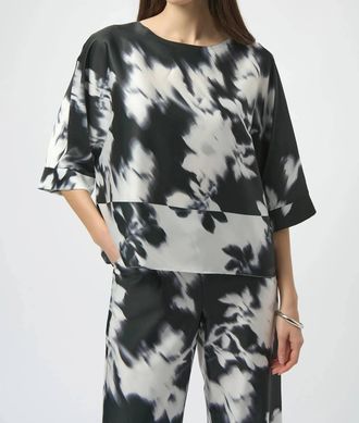Joseph Ribkoff Floral Satin Boxy Top In Black/winter White