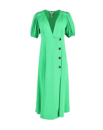 Ganni Ganni Puff Sleeve Midi Wrap Dress in Green Viscose