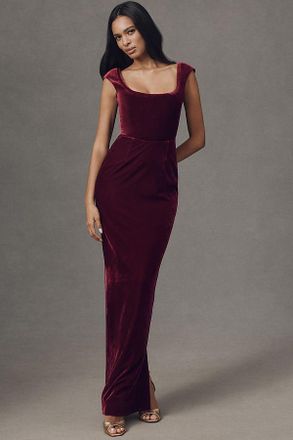 Sau Lee Brooke Cap-Sleeve Scoop-Neck Velvet Maxi Dress