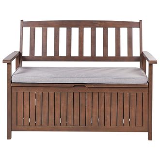 Beliani Beliani - Banco De Jard&iacute;n Con Almacenaje De Madera Maciza De Acacia 2 Plazas 120 Cm Oscuro Con Coj&iacute;n Gris Sovana