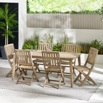 Furniturebox Asa Solid Wood Dining Set with 6 Folding Chairs in Light Brown