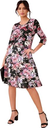 Roaman's Plus Size Stretch Knit Fit And Flare Dress in Black Watercolor Bouquet at Nordstrom, Size 16