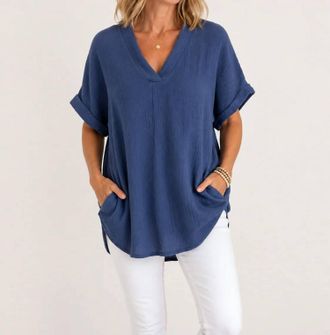 Apricot Cotton Gauze Pocket Tunic Top In Navy