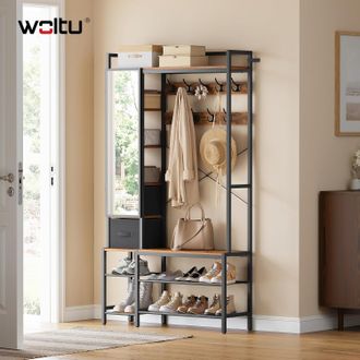 Woltu Woltu Perchero De Pie Con Espejo Y Zapatero 9 Ganchos, 2 Cajones Ideal Para Dormitorio, Sala De Estar Y Recibidor Negro Y Marr&oacute;n R&uacute;stico
