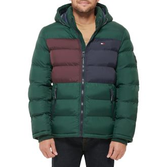 Tommy Hilfiger Mens Hooded Puffer Jacket (Standard and Big & Tall), Pine Colorblock, M