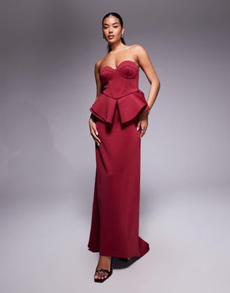 Asos Vestito lungo premium modellante a fascia in tessuto effetto scuba bordeaux-Rosso