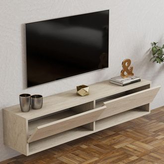 Dmora Mobile Porta Tv Olmi, 2 Ripiani, 2 Ante, 4 Vani, 141x30x31h Cm Beige Marmo