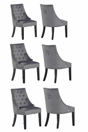 Life Interiors Set of 6 Velvet Dining Chairs Scoop Knockerback & Button Tufted, Solid Wood Legs in Dark Grey
