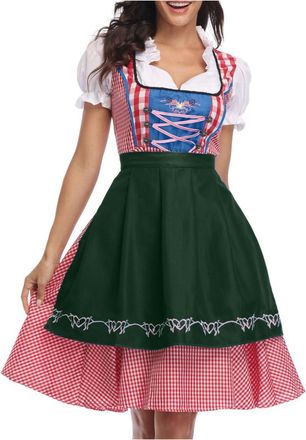 Generic Oktoberfest Outfit Women Bavarian Dirndl Dress with Lace Apron & Puff Sleeves Traditional German Beer Maid Costume for Halloween Fancy Midi Skirt Okto