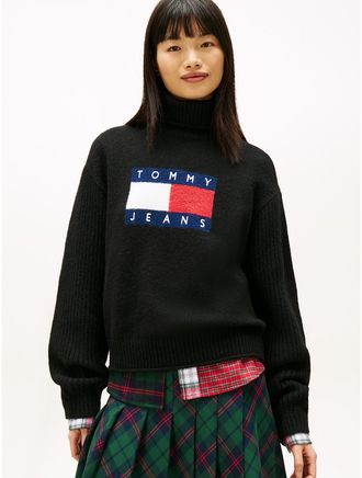 Tommy Hilfiger Womens Tommy Jeans Flag Logo Turtleneck Sweater - Black - XL