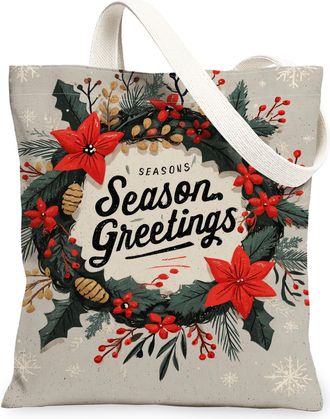 Generic Seasonal Floral Canvas Tote Bags, Holiday Wreath Design Reusable Grocery Bags, Vintage Rustic Lightweight Washable Shoulder Strap Canvas for Travel Ou
