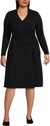 Lands End Plus Size Cotton Modal Collared Wrap Dress in Black at Nordstrom, Size 1X