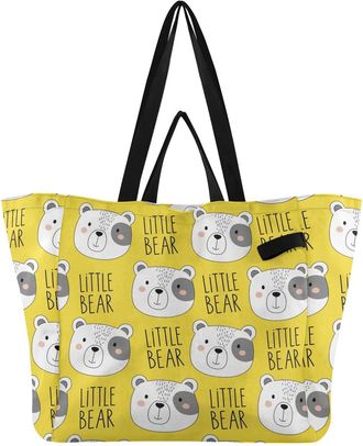 Generic Bear Yellow print Reusable Canvas Tote Bag, Heavy Duty Grocery Shopping Bag with Hard Bottom Double Handles Large Capacity Work Groceries Travel