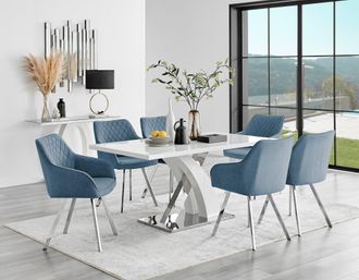 Furniturebox Atlanta 6 White Dining Table & 6 Falun Silver Leg Chairs in Blue