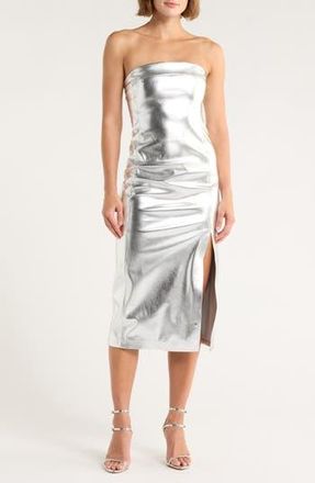 Alice & Olivia Kelly Metallic Faux Leather Skirt in Silver at Nordstrom Rack, Size 12
