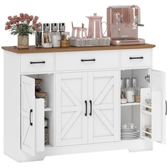 OEM Aparador De Cocina R&uacute;stico 4 Estantes De Puerta Estantes Ajustables 3 Cajones 120x38x87 Cm Blanco Y Nogal