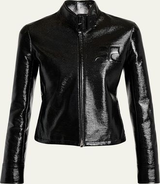 Courr&egrave;ges Buckle-Collar Shiny Vinyl Zipped Jacket