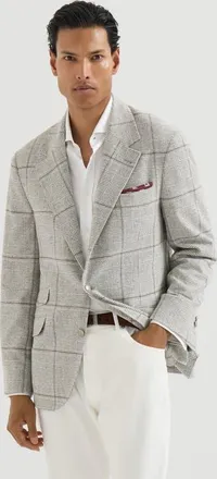 Brunello Cucinelli Silk, wool and cashmere Prince of Wales flannel deconstructed Cavallo blazer with metal buttons in Grey at Nordstrom, Size 54