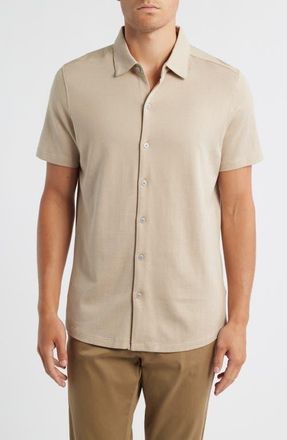 Robert Barakett Nino Herringbone Short Sleeve Cotton Knit Button-Up Shirt in Beige at Nordstrom, Size Xx-Large