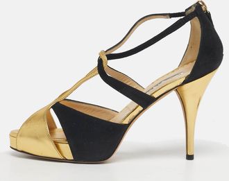 Oscar De La Renta Oscar De La Renta Gold/black Leather And Suede Ankle Strap Sandals