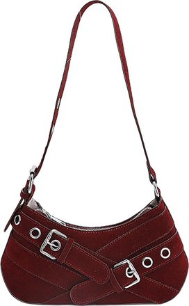 Generic Cymwer PU Leather Frosted Shoulder Bag Vintage Rivet Armpit Bag Motorcycle Bag (Red)