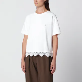 Max Mara T-shirt bianca in cotone con bordo in pizzo