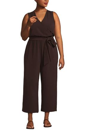 Lands End Sleeveless Creaseless Wrap Jumpsuit with Smocked Waist in Rich Seal Brown at Nordstrom, Size 26W