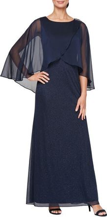 S.L. Fashions Tulip Capelet Shimmer Gown in Navy at Nordstrom, Size 16