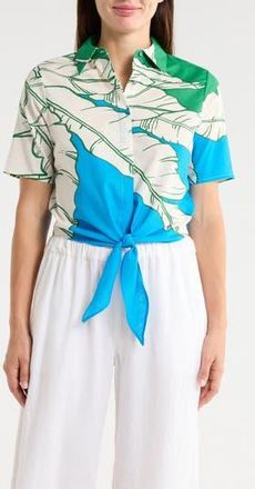 T Tahari Short Sleeve Tie Front Cotton & Linen Crop Shirt in Palm Cascade Print at Nordstrom Rack, Size X-Large