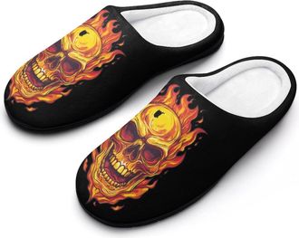 Generic Flaming Cool Skull Mens House Slippers Memory Foam Washable Cotton Slip on Home Shoes