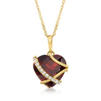 Ross-Simons Garnet Heart Pendant Necklace With Diamond Accents in 14kt Yellow Gold