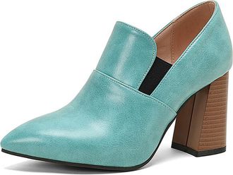 Generic MiaZane Womens Pointed Toe Ankle Boots PU Leather Block Heel High Heels Shallow Slip On Shoes Elegant Office and Party Footwear,Blue,4.5 UK