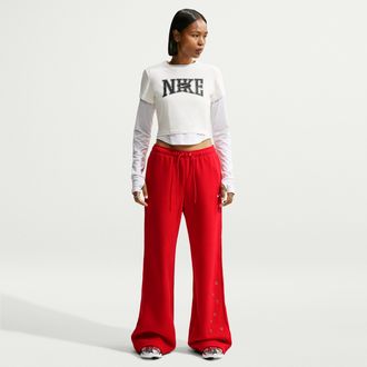 Nike Womens Studio Fleece Medium Weight Mid-Rise Wide-Leg Pants in Red | IX7048-657