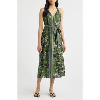 Eliza J Floral Satin Halter Neck Midi Dress in Olive at Nordstrom, Size 16
