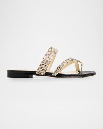 Manolo Blahnik Susaperf Snake-Embossed Leather Flat Sandals