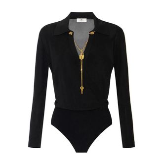 Elisabetta Franchi Viscose Garen Bodysuit met Juwelenketting - Dames - Tops - Zwart - Maat: XL Viscose